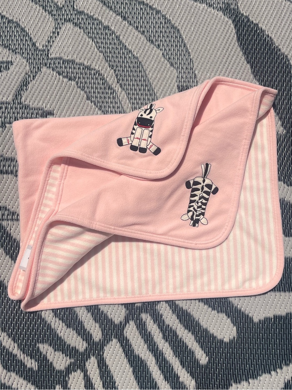 Vintage Gymboree Sock Monkey & Friends Baby Blanket Pink Zebra Fleece Stripe HTF
